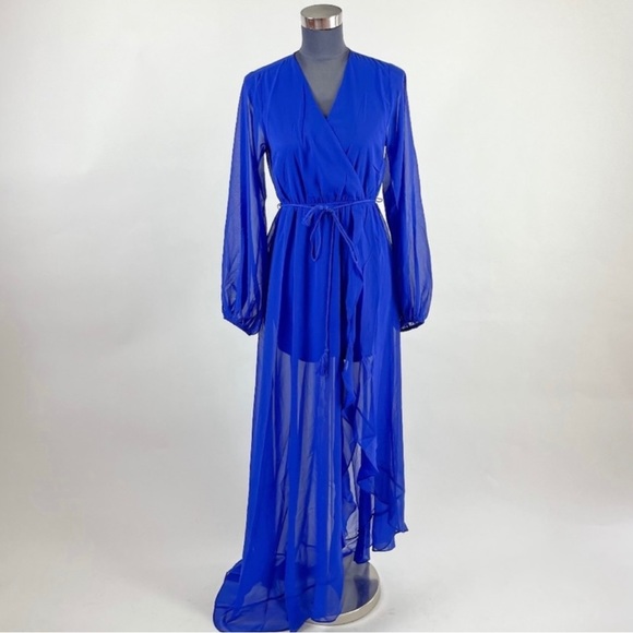 COPY - Royal Blue Chiffon Maxi Wrap Asymmetrical Dress - Picture 5 of 11
